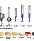 Eight Piece Heavy Duty Cnc Router Bit Set With Badass Micro Thin Ceramic Coating For Insanely Clean Cuts And Rock Solid Grip Perfect For Shop Projects Includes Quarter Inch Shank In Stackable Case. Showcasing different CNC router bits for various materials.