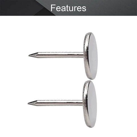 Rugged 50 Piece Silver Upholstery Nail Caps For Couches And Headboards Quick Snap Fit Flat Trim Decorative Hardware showing silver flat head tacks