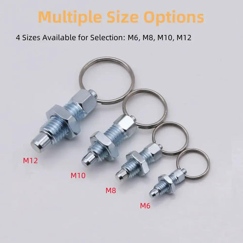Set of four Six Pack Carbon Steel Pull Ring Indexing Plungers M6 Quick Release Pins in various sizes with rings