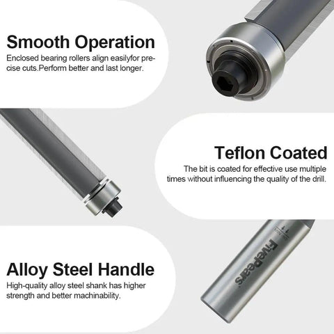 Close-up of Shop Pro Half Inch Shank Flush Trim Router Bit With Razor Sharp Carbide Teeth and Anti Kickback Safety, showcasing Teflon coating and alloy steel handle.