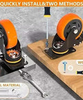 Installation methods for Heavy Duty Caster Wheels Set Of 6 4000 Lbs With Safety Brakes, shown mounted on wood and steel surfaces.
