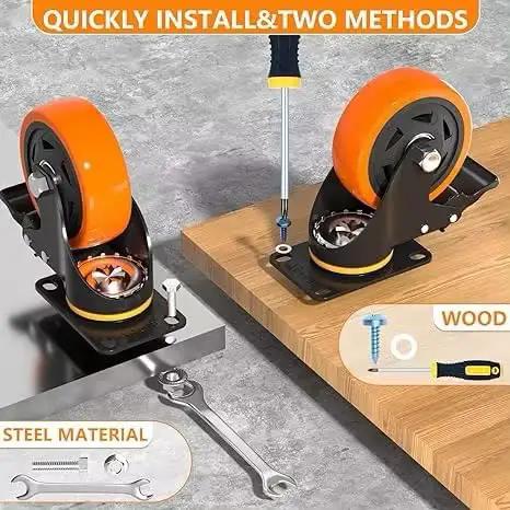Installation methods for Heavy Duty Caster Wheels Set Of 6 4000 Lbs With Safety Brakes, shown mounted on wood and steel surfaces.