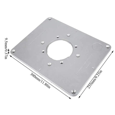 Premium Aluminum Alloy Router Table Insert Plate With Center Alignment Bushing And Installation Screws For Diy Woodworking Engraving Machine Tools Easy Install Plus Killer Precision Fit, shown from above, dimensions 300mm x 235mm.