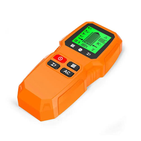 7 in 1 Smart Stud Finder Wall Scanner with LCD Display in orange and black, showcasing intuitive screen and buttons for accurate readings.
