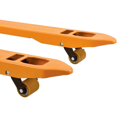 Premium Global Industrial Self-Propelled Electric Pallet Jack Truck Featuring Dual 60Ah Batteries For Heavy Duty Warehouse Material Handling with orange forks and wheels.