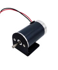 Side view of black DC motor with aluminum L-shaped mounting bracket and base plate; silver shaft.