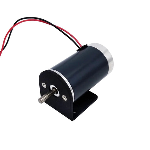 Side view of black DC motor with aluminum L-shaped mounting bracket and base plate; silver shaft.