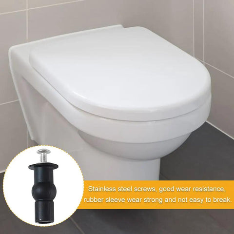 Solid Brass Core Expanding Rubber Screw Bolts For Universal Top Mount Toilet Seats Blind Hole Quick Replacement Hardware Kit Four Piece Set installed on a toilet with stainless steel screws.