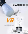 Shatterproof LED bulb vs broken clear glass bulb, demonstrating durability of Solar Powered Outdoor String Lights 27ft RGB Color Changing, Dimmable Edison Bulbs, Smart Patio Lighting With WiFi And Alexa Compatibility, IP65 Waterproof Auto On Off, Party Ready Gazebo Decor For Backyards, Cafes And Bistros.