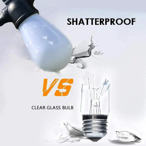 Shatterproof LED bulb vs broken clear glass bulb, demonstrating durability of Solar Powered Outdoor String Lights 27ft RGB Color Changing, Dimmable Edison Bulbs, Smart Patio Lighting With WiFi And Alexa Compatibility, IP65 Waterproof Auto On Off, Party Ready Gazebo Decor For Backyards, Cafes And Bistros.