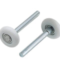 2 Pack Nylon Garage Door Rollers With 1.8 Inch Wheels And 4 Inch Stems displayed on white background, showing track wheels and ball bearing.