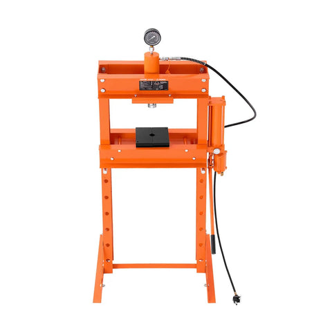 Pro Crew Badass 30 Ton H Frame Hydraulic Shop Press With Heavy Steel Platen And Automatic Relief Valve For Swapping Car Bushings Ball Joints Garage Metalwork Setup, front view.