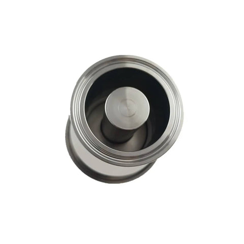 Top view of Two Inch Tri Clamp Vacuum Breaker Tank Breather Valve Go To Sanitary Grade Stainless Steel 304 with circular details.
