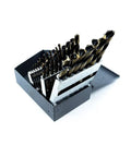 29 Pieces HSS Twist Drill Bit Set Featuring Black And Gold Finish Jobber Length For Cutting Steel Wood Plastic Aluminum Complete Range From One Sixteenth To Half Inch In Tiny Increments A Badass Kit That Gets The Job Done Smooth As Silk displayed in a storage box.