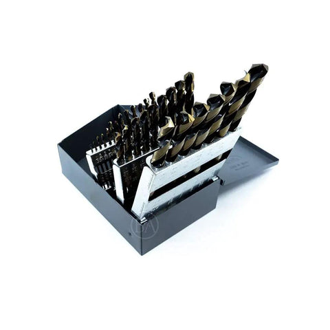 29 Pieces HSS Twist Drill Bit Set Featuring Black And Gold Finish Jobber Length For Cutting Steel Wood Plastic Aluminum Complete Range From One Sixteenth To Half Inch In Tiny Increments A Badass Kit That Gets The Job Done Smooth As Silk displayed in a storage box.
