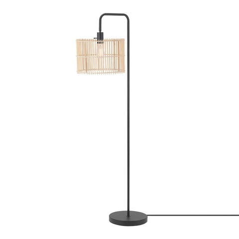 58 Inch Matte Black Floor Lamp With Bamboo Shade That Peeks Through, Easy On Off Rotary Socket Switch, Cozy Cottagecore Vibe For Living Room