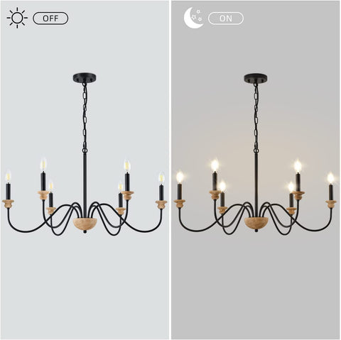 6 Light Wood Chandelier For Dining Room Black Farmhouse Style Modern Light Fixtures Over Table Cool Cozy Rustic Candle Ceiling Chandelier For Living Room Bedroom Entryway Kitchen 32.5 Inch Diameter, lit and unlit