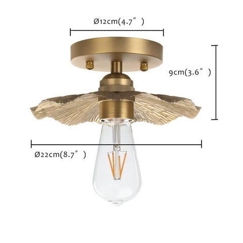Vintage Metal Ceiling Light Fixture With Brass Finish, Split Flower Design, industrial style flush mount, dimensions shown