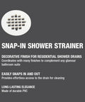 Rock Solid Universal Shower Drain Strainer In Durable White Plastic Snap Tite Cover Fits Standard Two Or Three Inch Drains No Sweat Installation For Any Residential Room with decorative finish