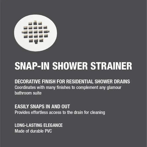 Rock Solid Universal Shower Drain Strainer In Durable White Plastic Snap Tite Cover Fits Standard Two Or Three Inch Drains No Sweat Installation For Any Residential Room with decorative finish
