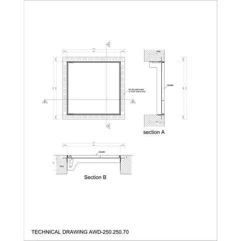 Technical drawing of Tough As Nails 9 8 Inch Square Access Panel With Tile Ready Cover dimensions and design details.