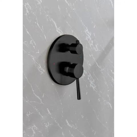 Shower System, 10" Rain Head, Handheld, Matte Black, Wall-Mounted valve controls mounted on marble wall.