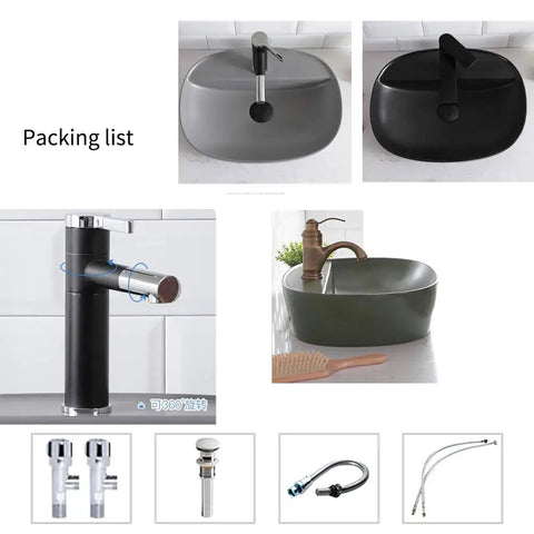 Rock Solid Black Ceramic Bathroom Sink With Square Above Counter Setup Featuring A Super Smooth Matte Glaze Finish Built Tough For Daily Washdowns And Absolute Zero Hassle Cleaning Tailored For Modern Households, showing various sink designs and components.
