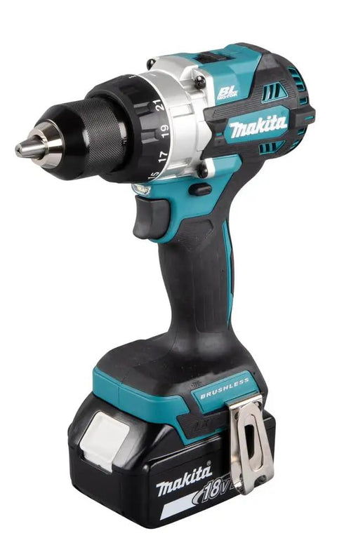 Built Different 18 Volt Cordless Drill Driver Kit With Hard Case Two Batteries Fast Charger Compact Brushless Motor showing side view