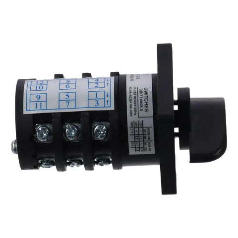 Side view of Seven Position Rotary Changeover Switch for High Current Projects, 20A at 500V, with durable plastic housing and grip knob.