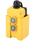Durable 12 Volt Dump Trailer Remote Control with UP and DN buttons in yellow housing, compact design for forklifts and lifting platforms.