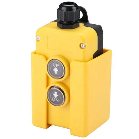 Durable 12 Volt Dump Trailer Remote Control with UP and DN buttons in yellow housing, compact design for forklifts and lifting platforms.