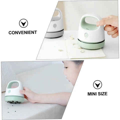 Fuss Free Rechargeable Desktop Vacuum Cleaner That Knocks Dust And Pet Hair To The Curb In Seconds, compact mini size in use.