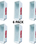 6 Pack White Plastic Outdoor Commercial Fire Extinguisher Cabinet Featuring Breakable Front Panel Lock And Break Glass Hammer To Keep Ten Pound Safety Gear Locked Down Tight Secure From Elements And Thieves No Sweat Storage displayed from multiple angles.