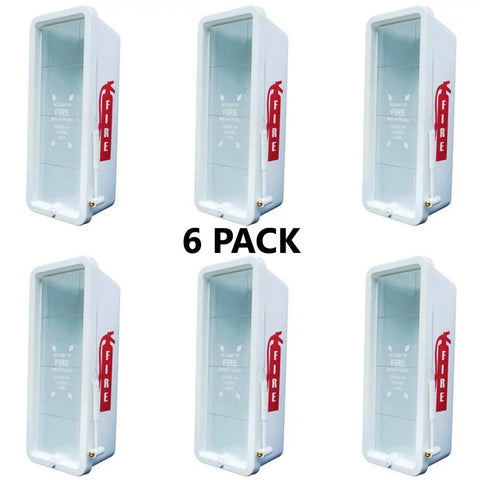 Six Pack Heavy Duty Plastic Fire Extinguisher Cabinet Fits 10 Lb Units weatherproof cabinet displaying six white housings.