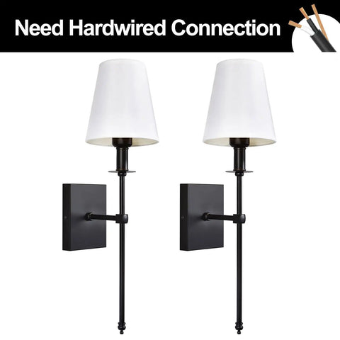 Set Of 2 Black Hardwired Wall Sconces With Vertical Rod And White Fabric Flared Shades, Versatile For Bathroom, Staircase, Living Room