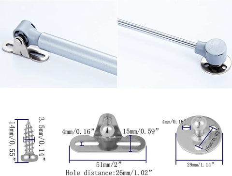 Two Sets Silver Ten Inch Gas Strut With 120 Newton Lift Force 27 Pound Hydraulic Air Prop Lift Support shown with mounting hardware.
