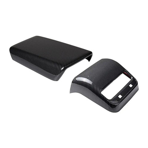 Sharp Matte Carbon Fiber Rear Air Vent Shields Plus Center Console Armrest Pads For Tesla Model Y And Model 3. Two-piece ABS trim.