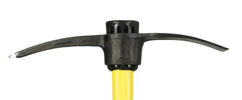 Heavy Duty Pick Mattock With Fiberglass Handle, 36 Inch Length And 5 Pound Head, Yellow And Black, close-up of head and handle