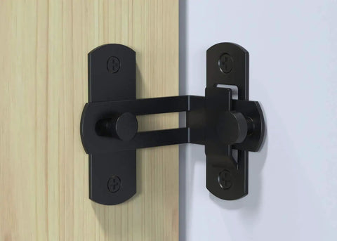 Barn Door Lock With Stainless Steel 90 Degree Right Angle Latch for Doors And Windows installed on wooden surface