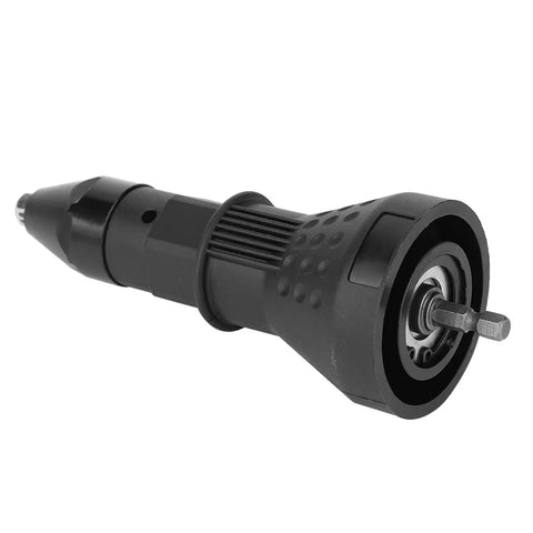 Close-up of Rivet Nut Gun Adapter Kit for Drill Power Beefed Up Riveting Tool with Four Heads, black attachment for metalworking.