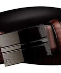 Kickass Premium Mens Reptile Embossed Calfskin Leather Belt Featuring Dope One Click Removable Dark Galvanized Plate Buckle With Clean Cognac Style, close-up view of buckle and strap.