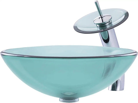 UMJIGF Tempered Glass Vessel Sink with Faucet and Drain Combo for Modern Bathroom Countertops in blue tint, stylish design.