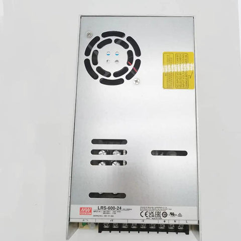 Beefy 600W 24V 25A Enclosed Switching Power Supply, Low Profile 41mm, Wide From Minus 10C To 70C Temp Range, CE FCC RoHS Certified, Industrial Grade for LED, CNC, and Automation Projects, front view.