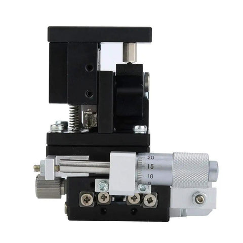 Side view of Three Axis Linear Stage 40x40mm With Cross Roller Bearing In Black Aluminum, showing micrometer heads and precision details.