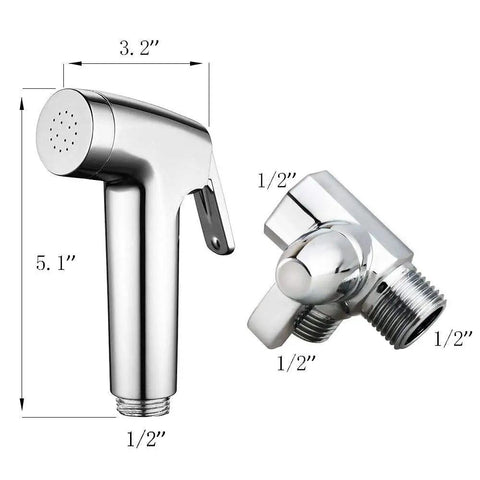 Pet Shower Attachment Kit With Handheld Sprayer, dimensions, and shower arm diverter displayed side by side