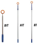 Three Hide Away Golf Ball Retrievers with 18 Foot Reach in Bright Orange, 14 Inch Length, showing extended lengths of 10ft, 14ft, and 18ft.