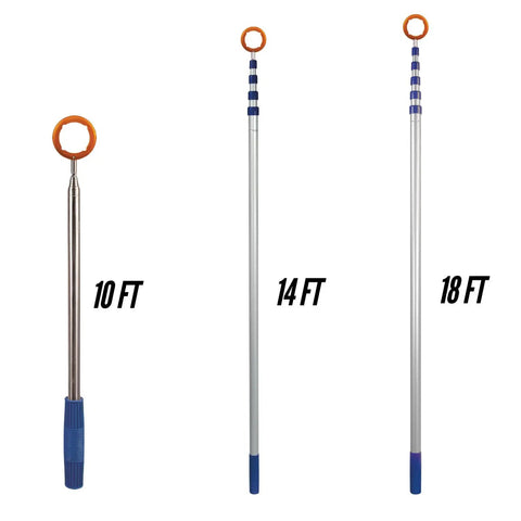 Three Hide Away Golf Ball Retrievers with 18 Foot Reach in Bright Orange, 14 Inch Length, showing extended lengths of 10ft, 14ft, and 18ft.