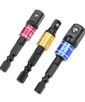 Grab These 3-Piece Drill Socket Adapter Sets With One-Quarter, Three-Eighth And Half Inch Hex Shank Extensions Perfect For Your Impact Wrench Driver Kit. three ball lock drill socket adapters, 1/4, 3/8, 1/2 inch, chrome vanadium steel