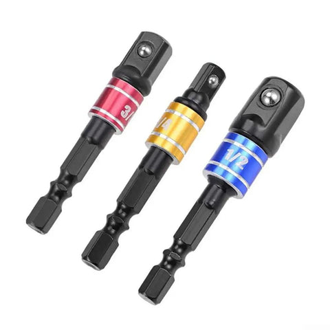 Grab These 3-Piece Drill Socket Adapter Sets With One-Quarter, Three-Eighth And Half Inch Hex Shank Extensions Perfect For Your Impact Wrench Driver Kit. three ball lock drill socket adapters, 1/4, 3/8, 1/2 inch, chrome vanadium steel