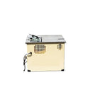 Compact Sliding Table Saw Featuring Dust Free Air Filtration And Rugged Woodworking Workbench Harnessing A Beast Mode 1300W Motor For Hella Spotless Cut Lines side view with stainless steel top and vents.